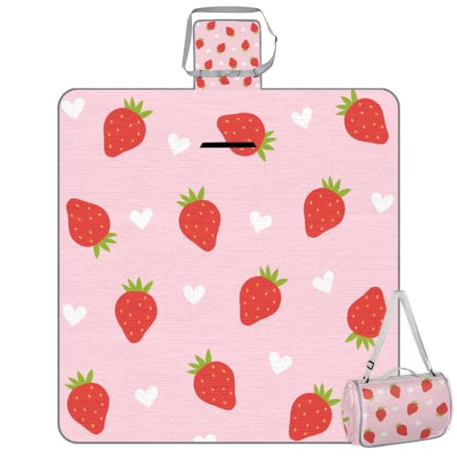Shimoshe Picnic Blankets 57”x 59”, Love Strawberry Waterproof Sandproof Picnic Mat Lightweight Foldable Beach Blanket for Camping Park Grass Beach Outdoor Blanket