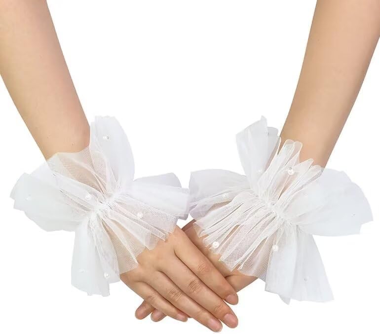 Short Lace Fingerless Gloves White Pearl Tulle Wedding Gloves for Women Hallowmas Party Costume Accessory