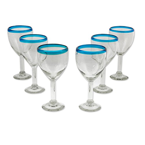Novica Handblown Wine Glasses With Aqua Rim - 11 Oz Capacity - Made With Recycled Blue And Clear Crystal Glass, Aquamarine Kiss' #TOP2