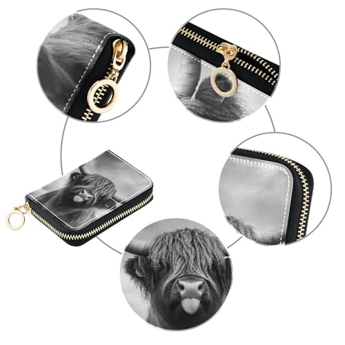 Small Womens Wallet RFID Blocking Card Holder Cute Leather Zipper Coin Purse with Key Ring Mystic Highland Cow Monochrome4