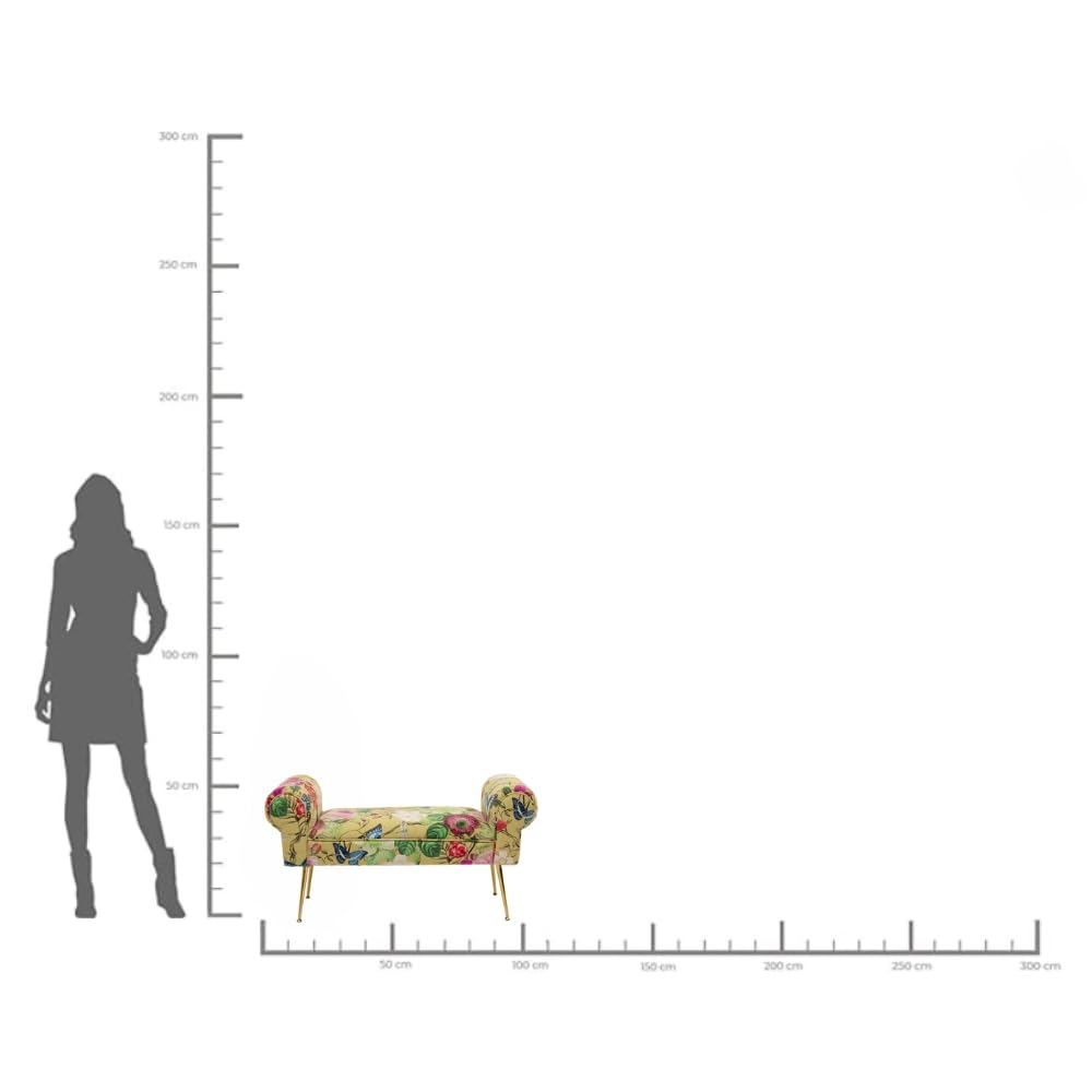 Kare Design Panca Wing Flower Fever, giallo, 54x100x35 cm, panca imbottita con gambe finitura ottone, motivo floreale, panca stretta per ingresso, legno massello di pino, Flower-Fever, soggiorno