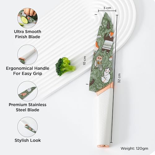 Image of UMAI Sharp Knife for Kitchen (7 Inch) Chef Knife | Chaku Knife | Printed Knife| Nife | Chopping Knife | Steel Kitchen Knife with Cover | Chopper Knife for Kitchen (Golden) (Green)