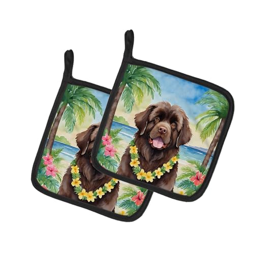Caroline's Treasures Newfoundland Luau Pair of Pot Holders Kitchen Heat Resistant Pot Holders Sets Oven Hot Pads for Cooking Baking BBQ, 7 1/2 x 7 1/2