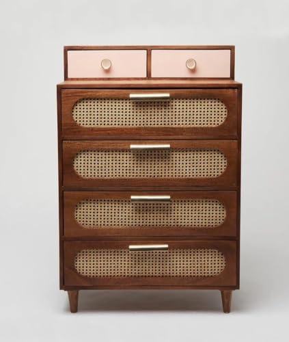 Image of Space Galaxy Solid Sheesham Wood Chest of Drawer with Cane Rattan Fronts | 6 Drawer Tall Storage Cabinet & Closet Organizer | Bedroom, Living Room & Home Furniture | Natural Finish