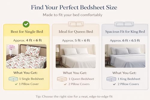 Image of elanorhomes 100% Cotton 240 TC Single Bed Sheet Set | Floral Printed Bedsheet with Pillow Cover | Soft Breathable Fabric for Bedroom | 60x90 Inches (Flying Petals)