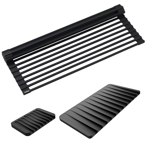 Kraus Roll Up Dish Drying Rack with Self-Draining Silicone Dish Drying Mat and Silicone Soap Dish Holder in Black, KDM-KRM-10BL