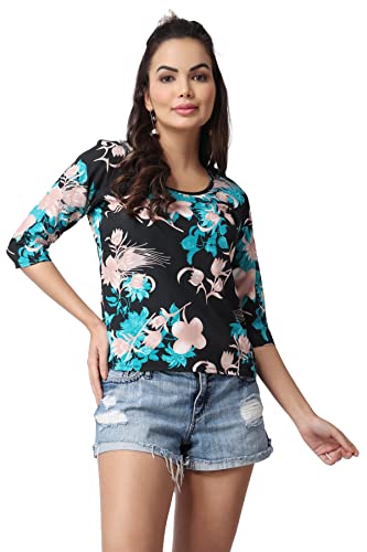 Image of POPWINGS Casual Printed Puff Sleeves Round Neck Top for Women || Stylish Summer Tops for Women || Hip-Length Women Top