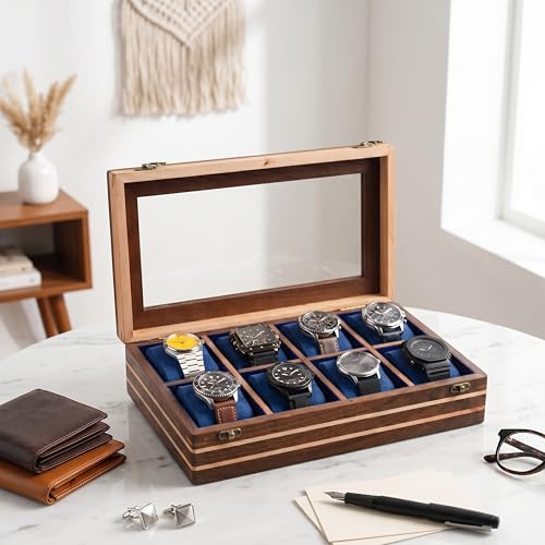 Image of Mens watch box, Watch display case, Indian Rosewood watch box organizer for men, Velvet lining glass lid, Solid Gift for Him, Made for Special Occasions (Dark brown - 8 room - 2)
