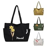GMDLSK Sac Fourre-Tout en Velours Côtelé Personnalisé avec Fleur de Naissance et Prénom – Grand Cabas à Fermeture Éclair – Cadeau pour Maman, Femme – Fête des Mères, Anniversaire, Noël