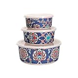 EMANUEL Set of 3 Melamine Food Storage Containers - Reusable Storage Lunch Boxes Plastic Lid - Unique Printed Designs (Armenian Tiles BMB-21F)
