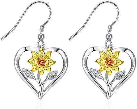 Valentine's Day Sunflower Earrings for Women, Rose Earring Dangle, 925 Sterling Silver Dangle Drop Earrings, Unique Heart Earrings Gift for Mom Wife Girlfriend on Valentine's Day, Birthday, Anniversary