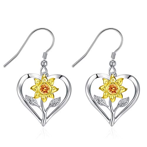 Valentine's Day Sunflower Earrings For Women, Rose Earring Dangle, 925 Sterling Silver Dangle Drop Earrings, Unique Heart Earrings Gift For Mom Wife Girlfriend On Valentine's Day, Birthday, Anniversary #TOP3