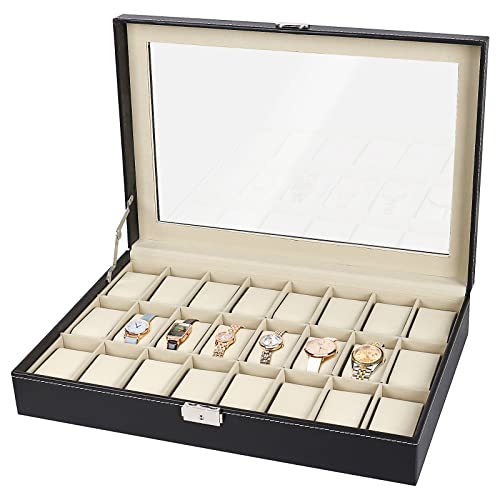 QuiExact 腕時計収納ケース 透明窓付き 腕時計ボックス コレクションケース 時計保管 ウォッチボックス アクセサリー収納兼用 PUレザー製 母の日 父の日 ギフト クリスマスプレゼント (24本)