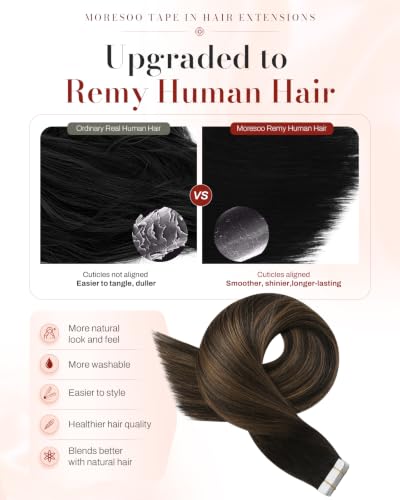 Image of Moresoo Brown Balayage Real Human Hair Extensions Tape in 22in 40Pcs 100g | Tape in hair extensions real human hair, fuller coverage, flat tabs, long layers for French twists and formal events