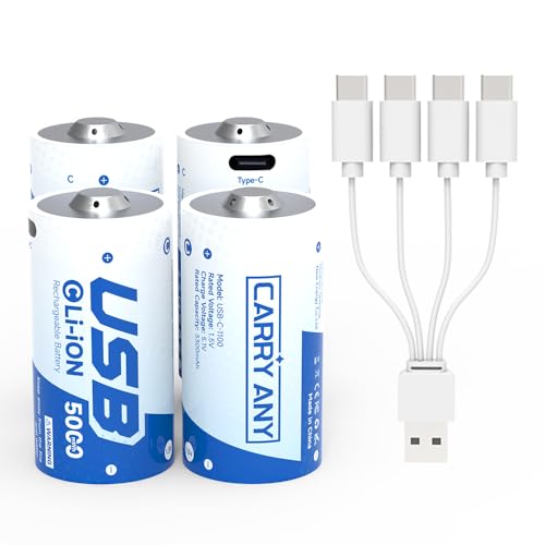 CARRY ANY Rechargeable Lithium C Batteries 4 Pack 1.5V C/lr14 Cell Batteries with USB-C Charging Cable 5000mWh High Capacity 1200+ Cycles Li-ion Battery for Flashlights Toys Clocks & More