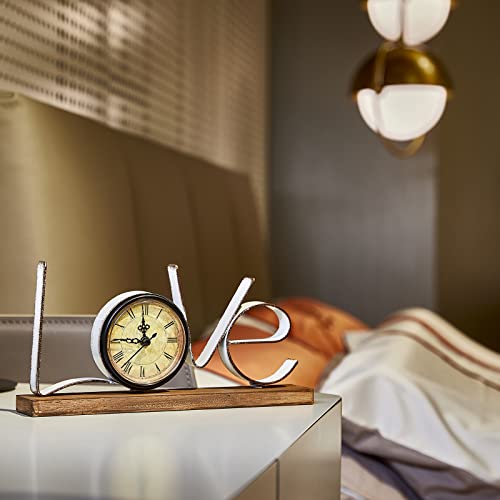 Yawill Table Clock - 5.12" H Antique Metal Wood Clock Vintage Greyish White Love With Battery Operated Round Quartz Clock For Living Room Dining Room Bedroom Office (Love) #TOP1