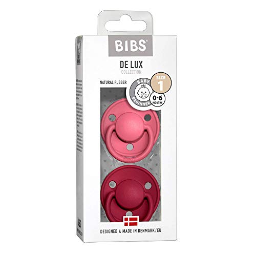 Bibs De Lux Baby Pacifier 2-Pack | Made In Denmark | Bpa Free Dummy Soother, Round Nipple. Natural Rubber Latex, Size 1 (0-6 Months), Coral/Ruby #TOP2