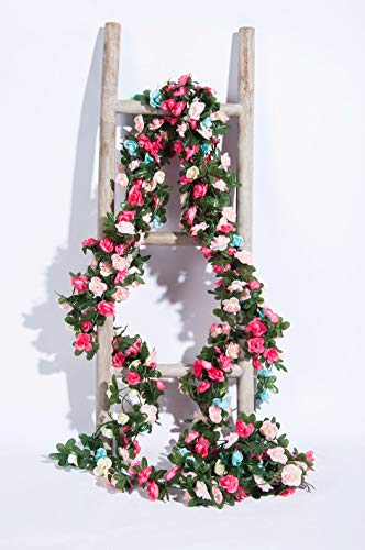 Miracliy 8 pcs 66 FT Flower Garland Fake Rose Vine Artificial Flower Hanging Rose Ivy Home Hotel Office Wedding Party Garden Craft Art Décor (Pink+Blue)
