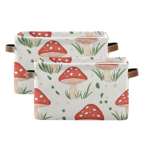 PaChyLuu Red Mushrooms Storage Basket Bin Canvas Fabric Organizer Toys Basket with Handles for Home Office Nursery, Clothes, Gifts, 2 Pcs