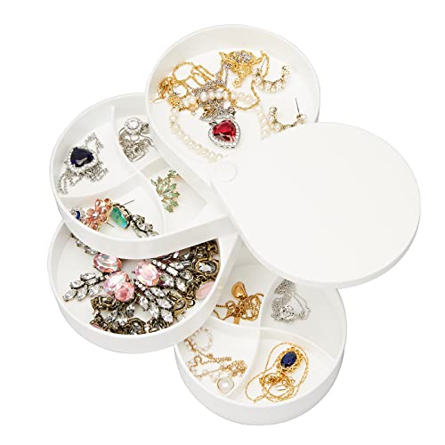 Leture Small Jewelry Organizer, Ring Earrings Necklace Bracelet Bangle Watch Jewelry Storage Box For Women, 4-Layer Rotating Travel Jewelry Tray Case With Lid (White) #TOP14