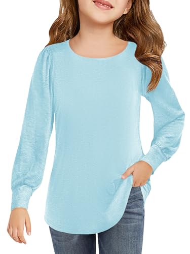Image of Haloumoning Girls Puff Long Sleeve Shirts Fall Tops 5-14Y | Casual,Solid Color,Crewneck, Soft, Tunic Tops Blouse,Kids Long Sleeve T Shirt,,Fashion Clothes
