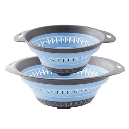 Surwin Lot de 2 Passoire Pliable, Silicone Passoire Cuisine,Compacte Passoire Cuisine Pliable, Passoire Retractable Passoire Pates, Grande Petite Portable Panier de Fruits (Bleu)