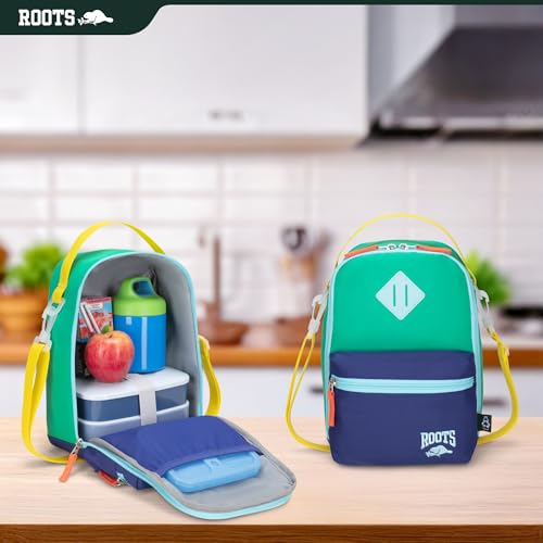 Roots Insulated Lunch Bag – Made from Recycled Polyester, with Exterior ID Label, Adjustable Shoulder Strap & 2 Zippered Compartments – 7L, Green & Navy by Roots - Image 2