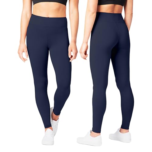 SATINA High Waisted Navy Blue Leggings for Women - Soft Stretchy Leggings with Side Pockets - Full Length Yoga Pants for Women - Tummy Control and Buttery Soft Fabric for All-Day Comfort - One Size