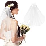 Amaxiu Short Bridal Wedding Veils, Comb Bridal Cathedral Veil 1 Tier Tulle Wedding Headpiece First Communion Veils Flower Girl Veil Headband Accessories for Bachelorette Party, 15'(Rhinestones Style)