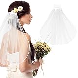 Amaxiu Court Voile de Mariée, Peigne de Cathédrale de Mariée 1 Niveau Tulle Coiffe Première Communion Voile Fleur Fille Voile Bandeau Accessoires pour Enterrement de Vie de Jeune, 15'(Style Strass)