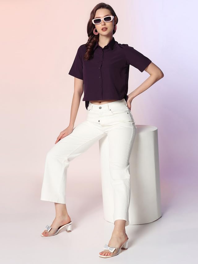 Image of Selvia Women's Regular Fit Short Sleeves Solid Crepe Crop Shirt