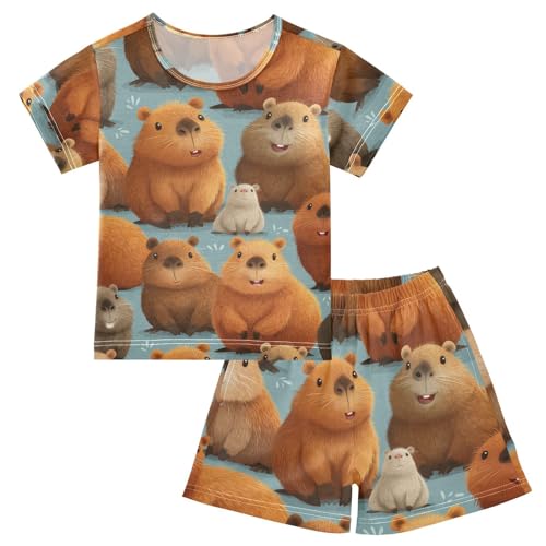 Pajama Short Sets Cute Brown Animal Pattern Soft Cotton Summer Sleepwear 2 Piece PJS Size 5-14T