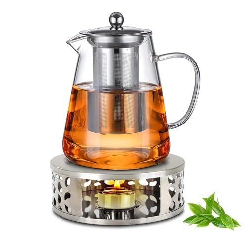 Juego de tetera con calientaplatos, 1300 ml, tetera de cristal con filtro y calentador de acero inoxidable, tetera con colador para té negro y verde, bolsa de té