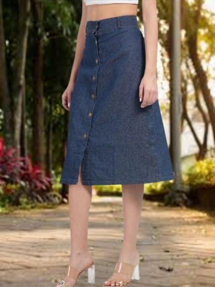 Image of Straight Stylish Comfortable Long Two Button Up Slit Dobby Denim Skirt for Women & Girls