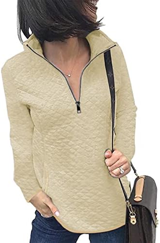 AKEWEI Women's 1/4 Zip Quilted Pattern Pullover Lightweight Sweatshirt Jacket Long Sleeve Tunic Tops with Pockets Khaki S