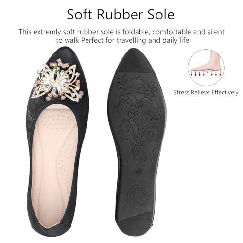 Image of KUNWFNIX Women Ballet Flats Rhinestone Wedding Ballerina Shoes Foldable Sparkly Comfort Slip on Flat Shoes