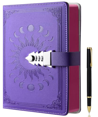 ZXHQ Journal with Lock for Girls Women,A5 224 Pages Lock Diary, Colorful Edge, Refillable, Leather Hardcover 8.5" × 5.9" - Purple
