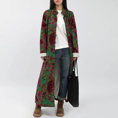 FioraMosaic Women\'s Floral Print Long Trench Coat Casual Cotton Linen Jacket with Pockets Boho retro Outerwear Plus Size (US, Alpha, Large, Regular, Regular, Green Flowers)