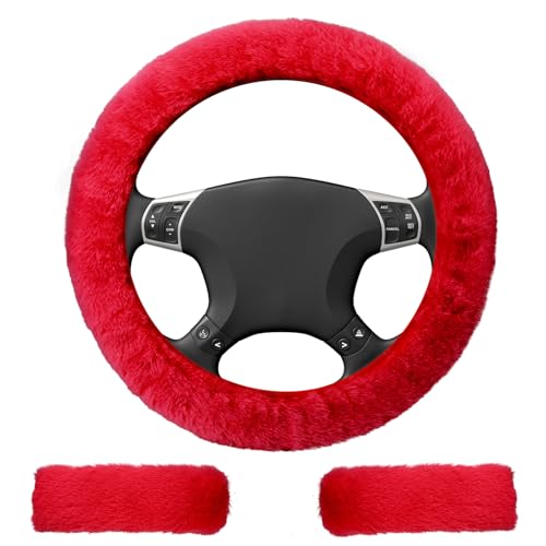 3 PCS Fluffy Steering Wheel Cover Set, 15'' Furry Car Wheel Cover, 2 Seat Belt Shoulder Pads, Anti-Slip Fur Steering Wheel Cover, Winter Warm Fluffy Car Accessories for Women, Red