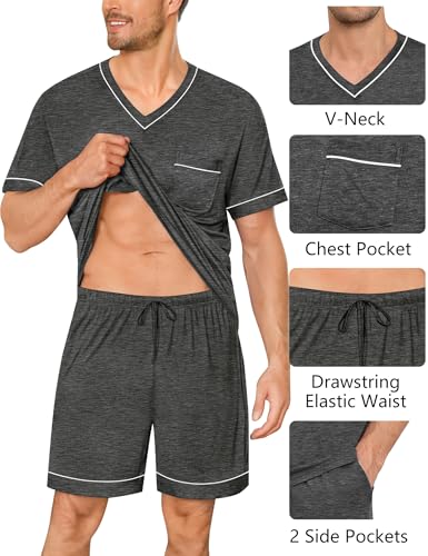 SWOMOG Mens Pajama Set Short Sleeve Pjs Set V-Neck Sleepwear 2 Pcs Soft Modal Lounge Sets Comfy Nightwear with Pockets4