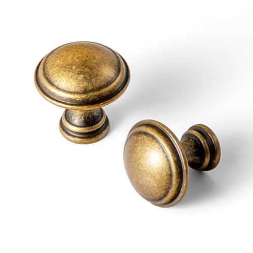 Goo-Ki 6 Pack Antique Brass Cabinet Knobs – Classic Round Drawer Pull with Layered Edge Detailing, Vintage Furniture Handle for Kitchen & Home Décor