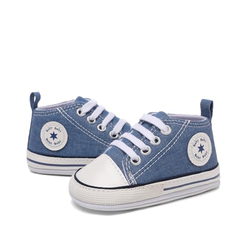 Image of Unisex Baby Boys Girls Shoes, Newborn Infant Non-Slip Canvas Denim High Top Sneakers, Toddler First Walkers Shoes