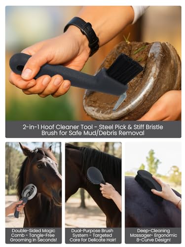 inoreal Horse Grooming Kit 12 Pcs – Complete Horse Brushes & Care Supplies Set with Organizer Tote Bag, Equine Coat Grooming Tools, Tack Room Equipment & Gifts for Horse Owners & Lovers - Thumbnail 4