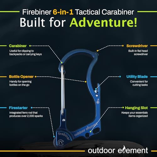 OUTDOOR ELEMENT Firebiner® 6-in-1 Survival Multitool Carabiner EDC Keychain with EverSpark™ Fire Starter, Utility Blade, Bottle Opener & Screwdriver – Unique Gift for Outdoor Adventure – Blue River
