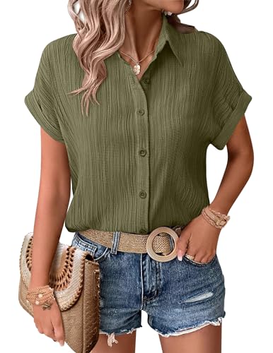 Zeagoo Dress Shirts for Women Short Sleeve Button Down Cute Summer Top Casual Lightweight Collar Work Blouse Army Green