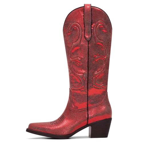 GPXGPX Cowboy Boots Embroidered Cowgirl Boots Women Mid Calf, Pointed Toe Chunky Block Heel Pull On Western Boots Red 9.5 by GPXGPX - Used condition - Image 4