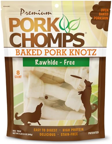 Pork Chomps Baked Pork Skin Dog Chews, 7 Inch Knots, 8 Count, 1 Pack - Long-Lasting Treats for Dogs - High Protein, Rawhide-Free, Low Fat, Healthy & Delicious Chews