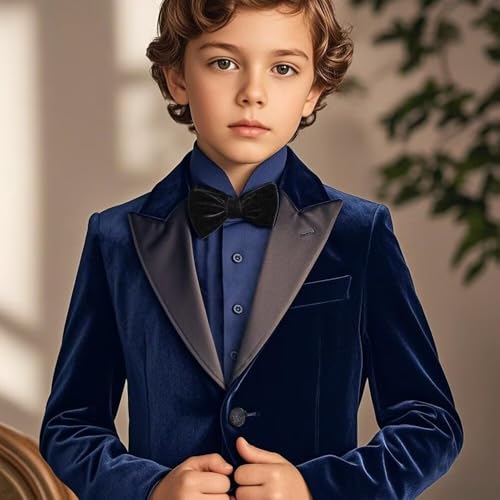 Boys Velvet Suit Blazer Two Button Slim Fit Formal Sports Coats Tuxedo Jacket for Kids Wedding with Bow Tie4