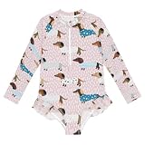 FFYHO Girls'Swimwear Swimsuit Rash Guard,Cute Dachshunds Dog Long Sleeve One Piece Bathing Suits for Kids Toddlers,Quick Dry Swimming Suit Zipper 4T