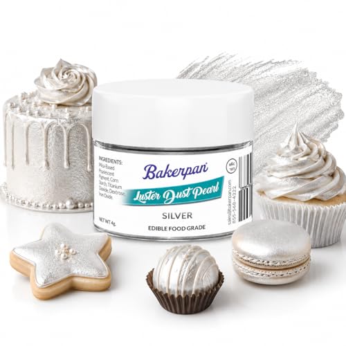 Bakerpan Pearl Luster Dust Edible, Silver Edible Glitter for Cocktails, 4 Grams Edible Glitter for Cake Decorating, Cookies, Chocolates and Candies, Drinks (Made in USA)